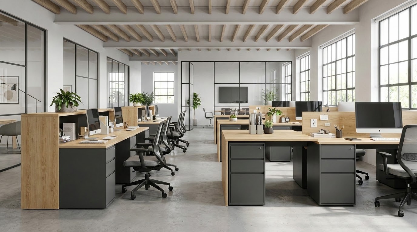 Office workstations with woodgrain desktops and grey storage pedestals