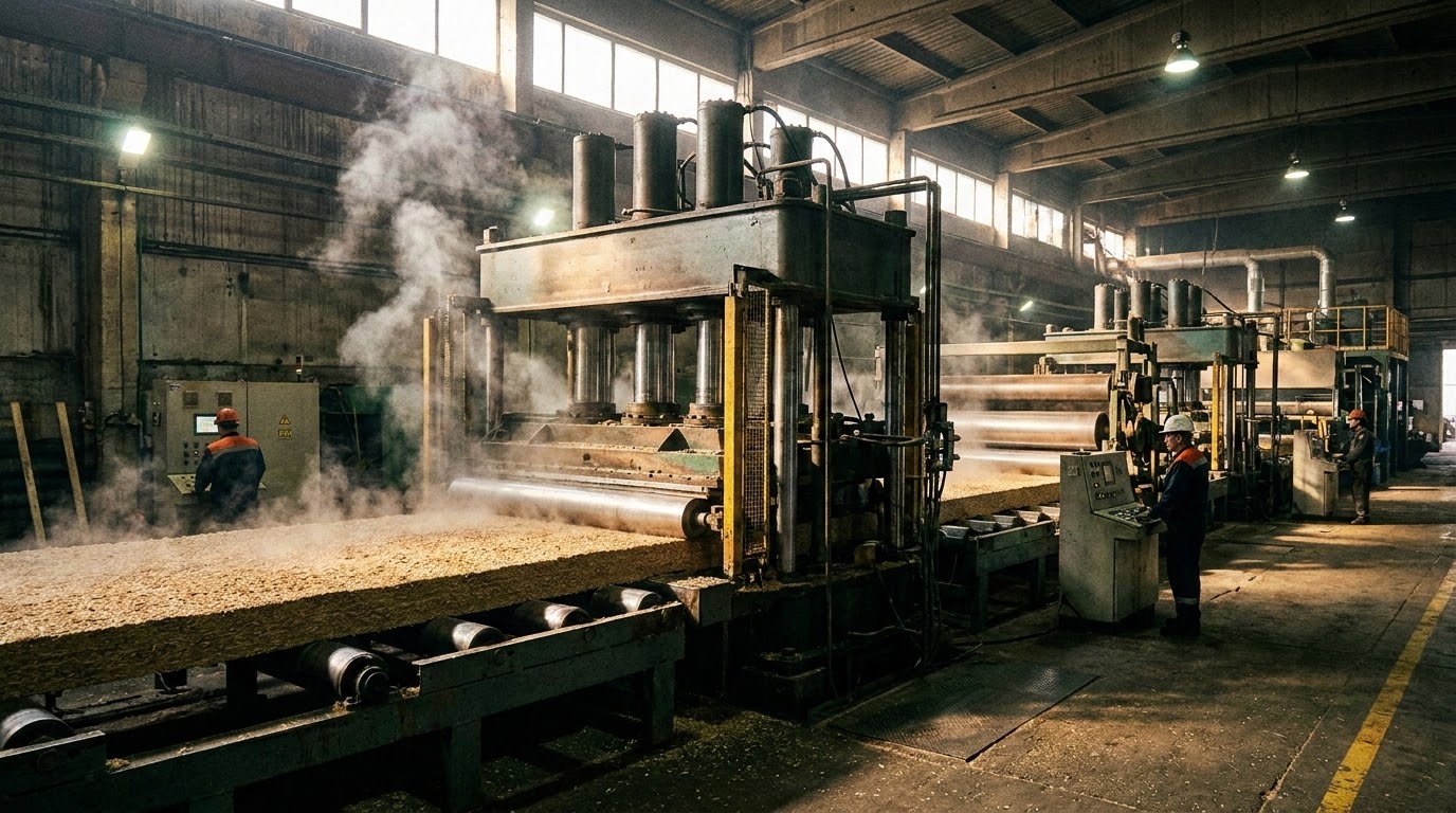 Continuous particle board hot-press production line