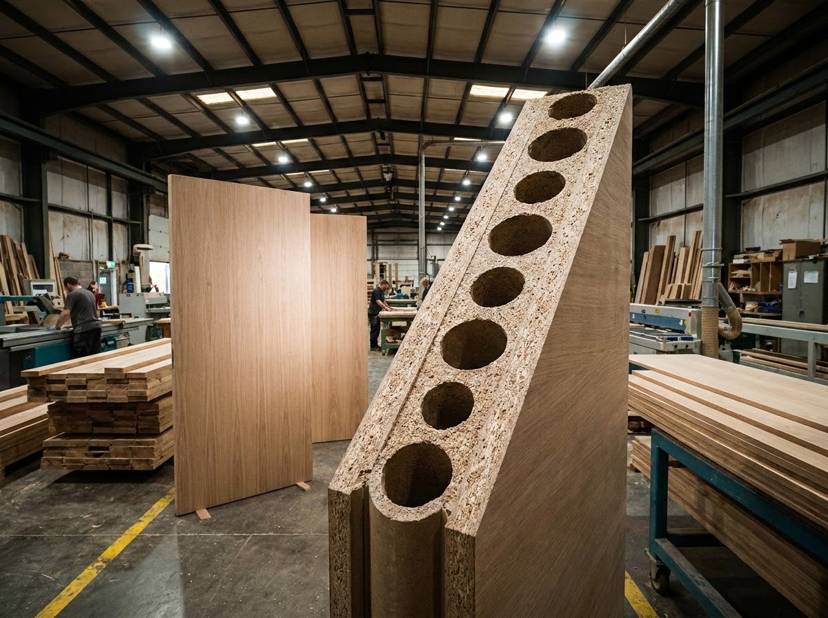 Interior flush door with an exposed tubular particle board core