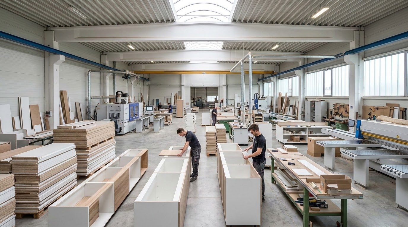 White and woodgrain kitchen cabinet carcasses during assembly