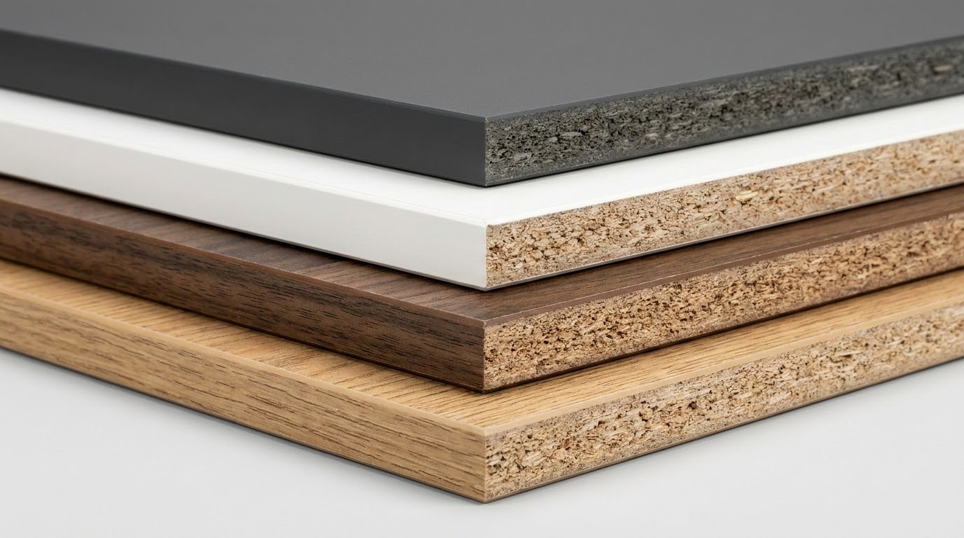 Stacked melamine faced chipboard panels with woodgrain and solid-color surfaces