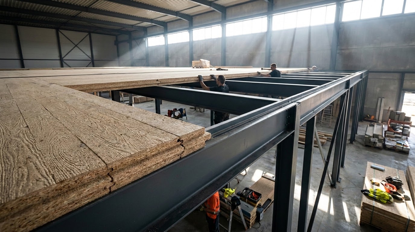 Particle board flooring panels laid over steel mezzanine joists
