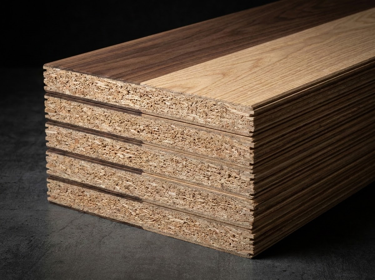 Wood veneer faced particle board panels in walnut and oak finishes