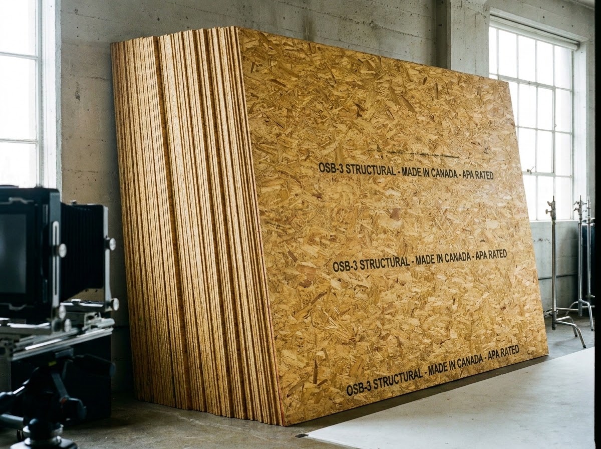 Stacked oriented strand board panels showing the wood strand surface