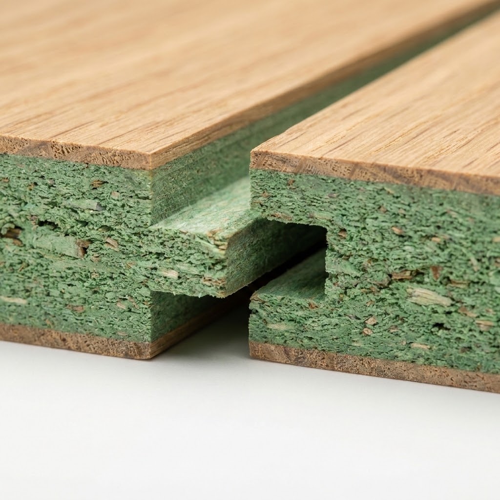 Green-core particle board tongue-and-groove joint profile