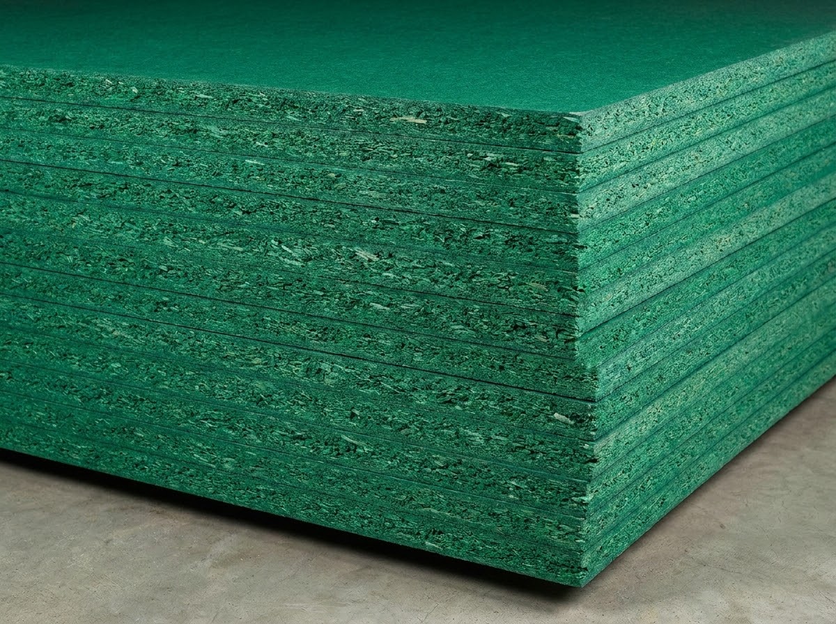Green-core particle board panels with exposed cut edges