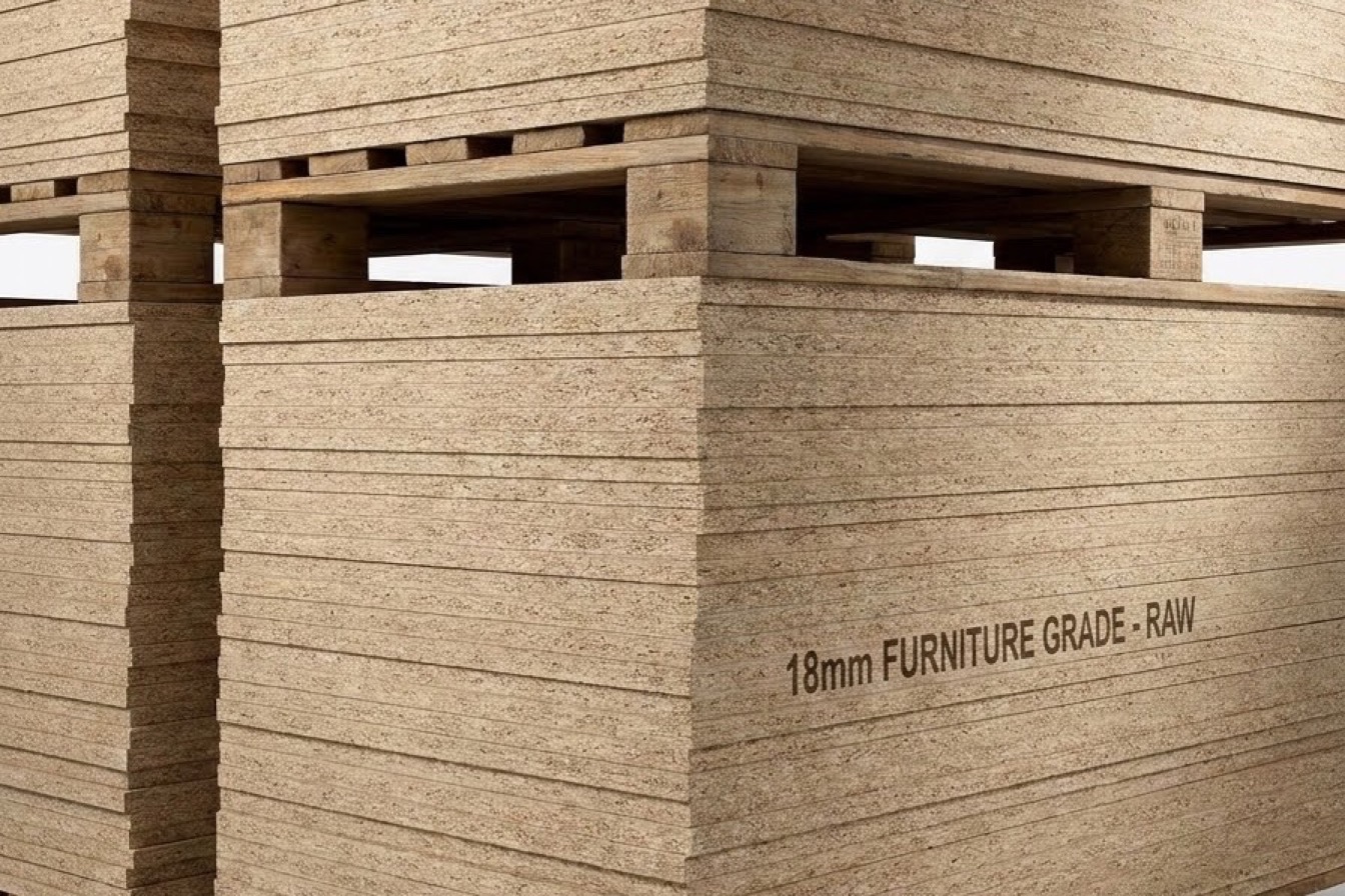 Raw particle board sheets stacked and strapped on pallets