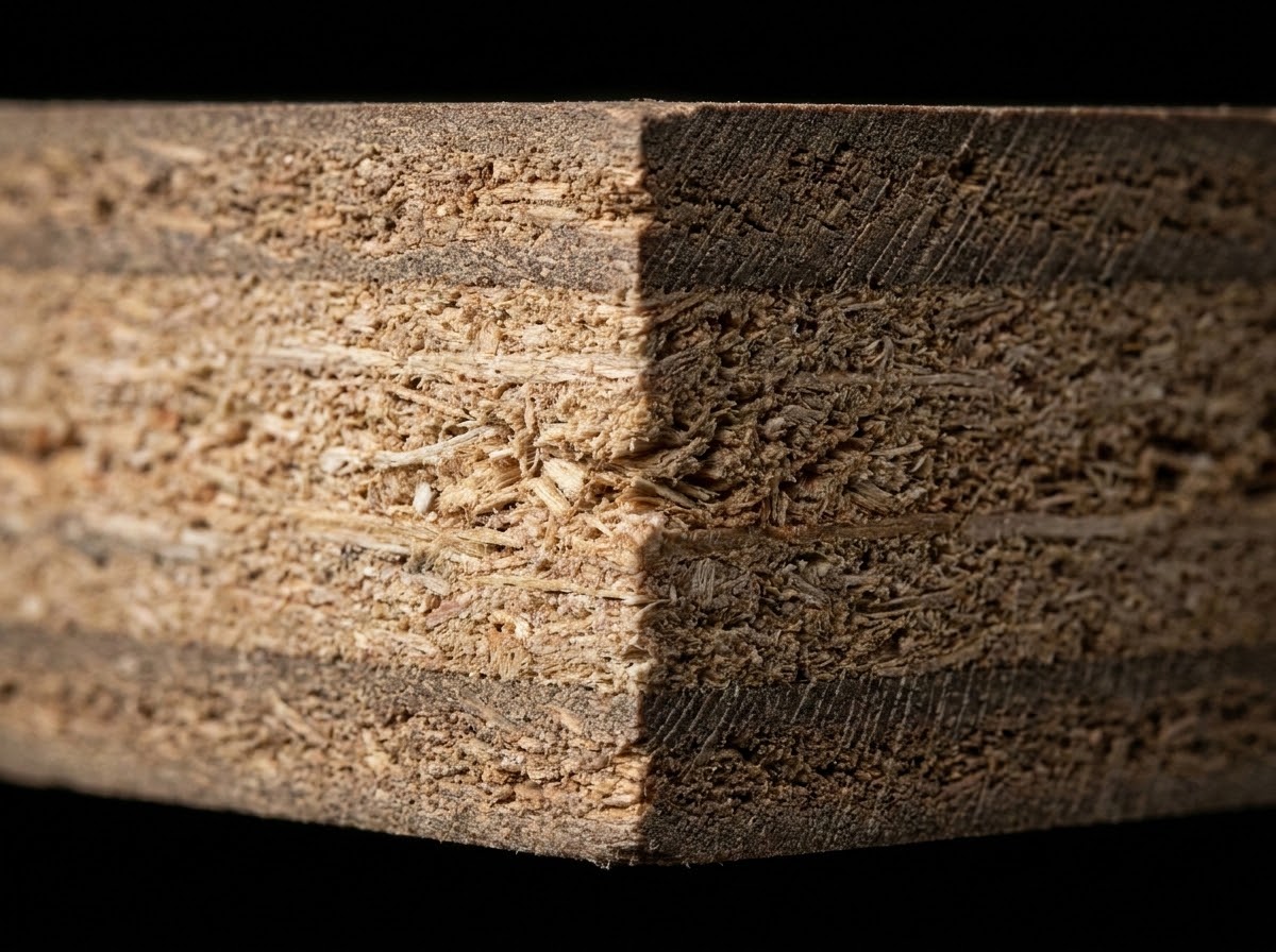 Particle board cross-section with fine surface layers and a coarse chip core