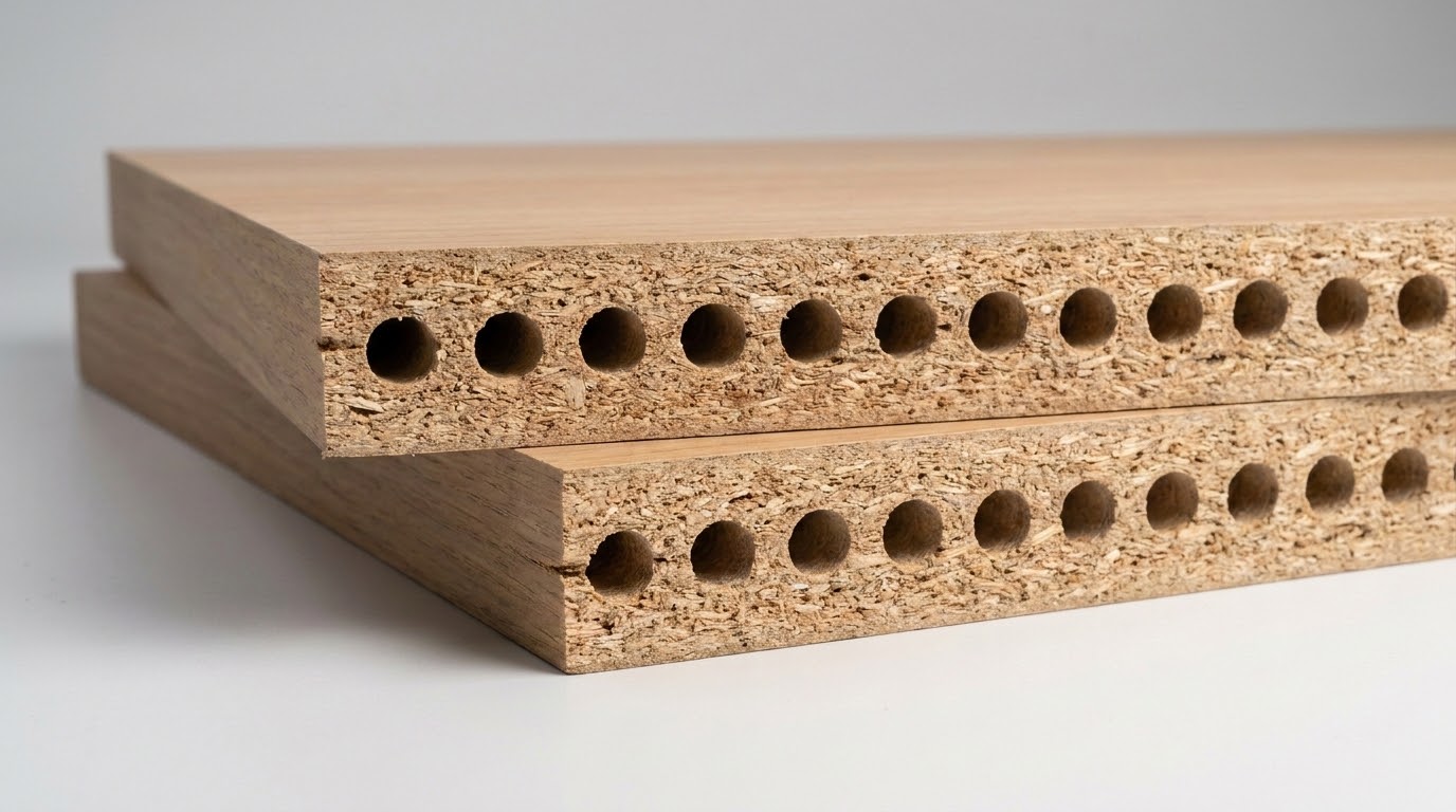 Tubular particle board slabs with circular channels for interior door cores